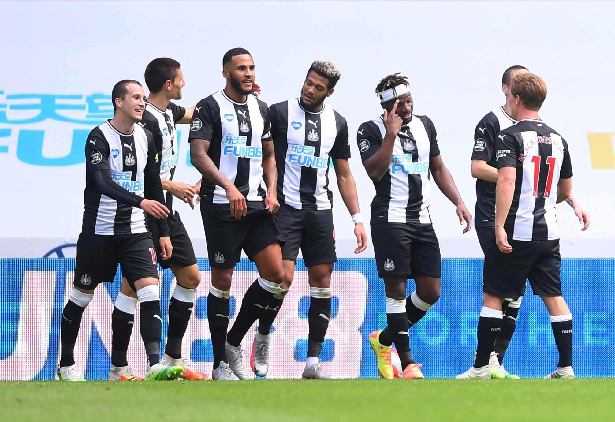Newcastle United's Joelinton celebrates scoring their third goal with teammates, as play resumes behind closed doors following the outbreak of the coronavirus disease. Photo: Reuters