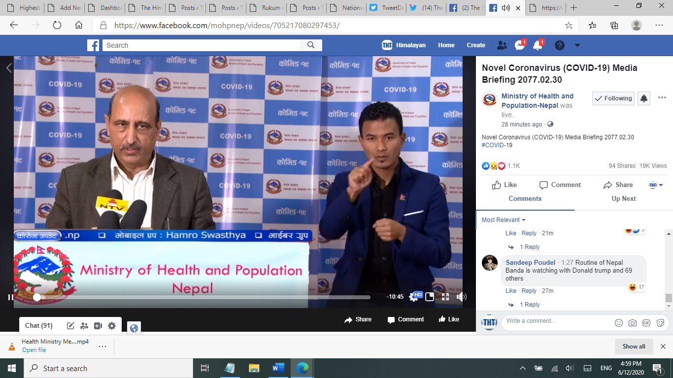 A screenshot of media briefing by the Ministry of Health and Population (MoHP) on COVID-19 response, as on Friday, June 12, 2020.