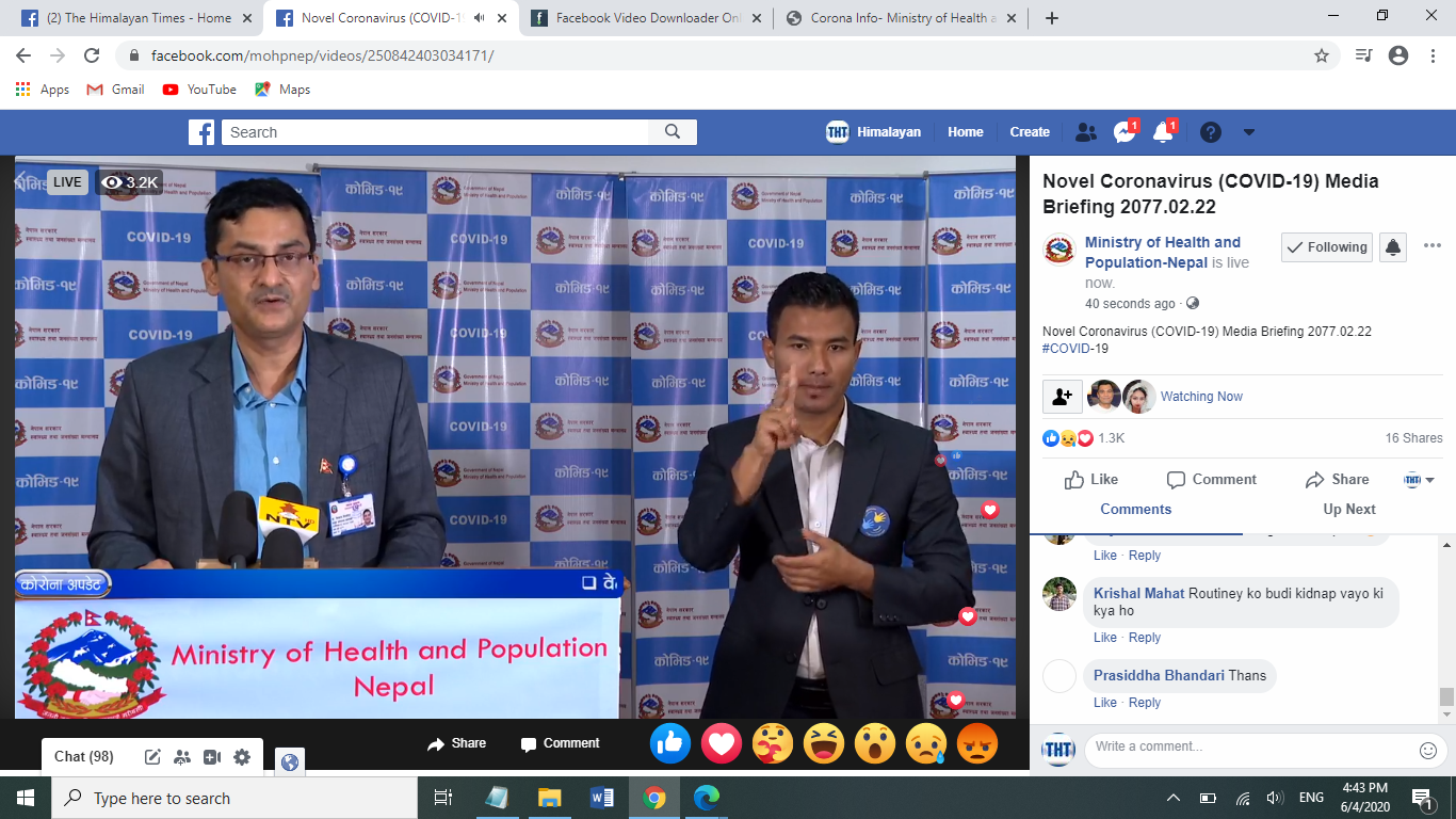 A screenshot from media briefing by the Ministry of Health and Population (MoHP), as on Thursday, June 4, 2020.