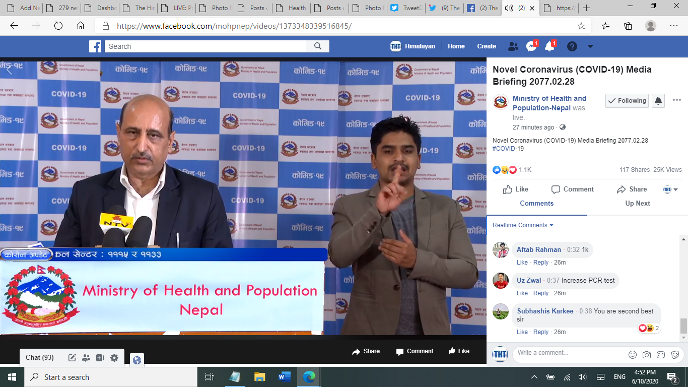 A screenshot of media briefing by the Ministry of Health and Population (MoHP) on COVID-19 response, as on Wednesday, June 10, 2020.