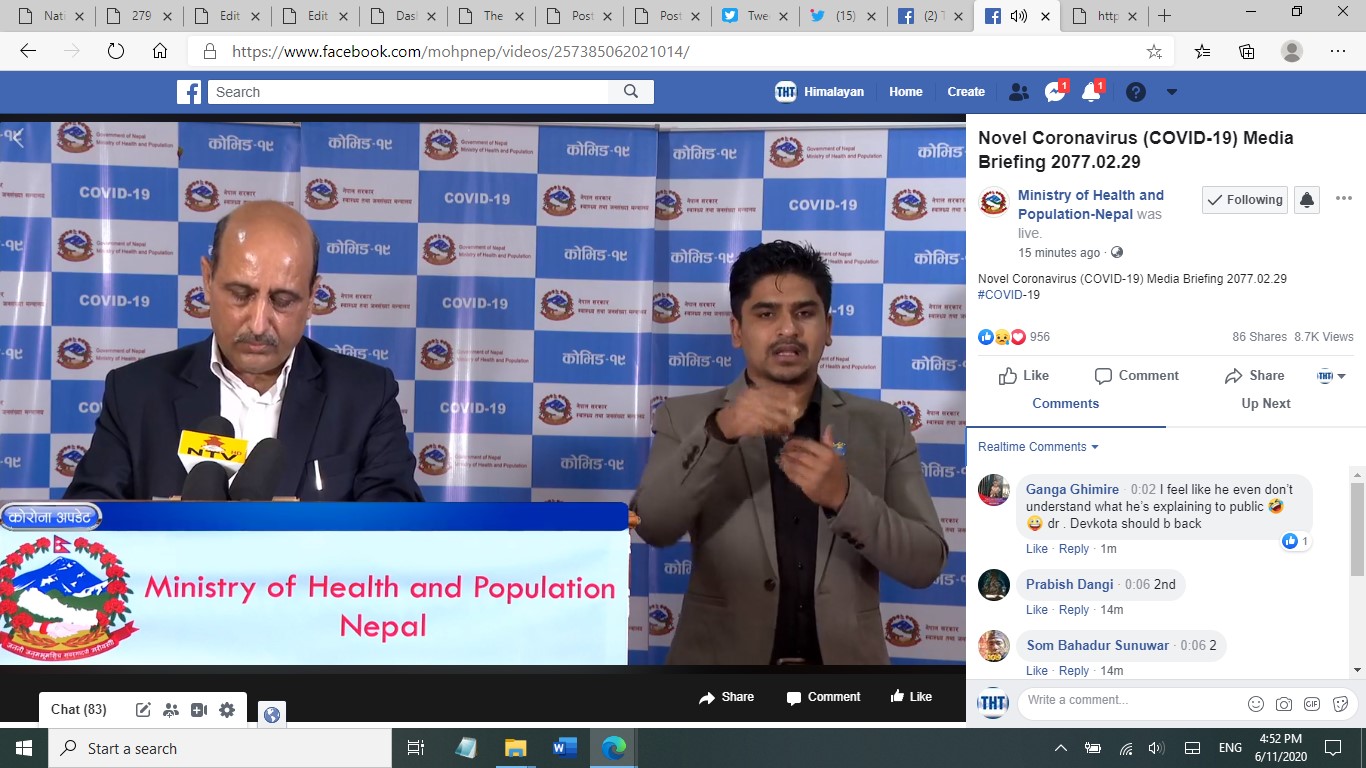 A screenshot of media briefing by the Ministry of Health and Population (MoHP) on COVID-19 response, as on Thursday, June 11, 2020.