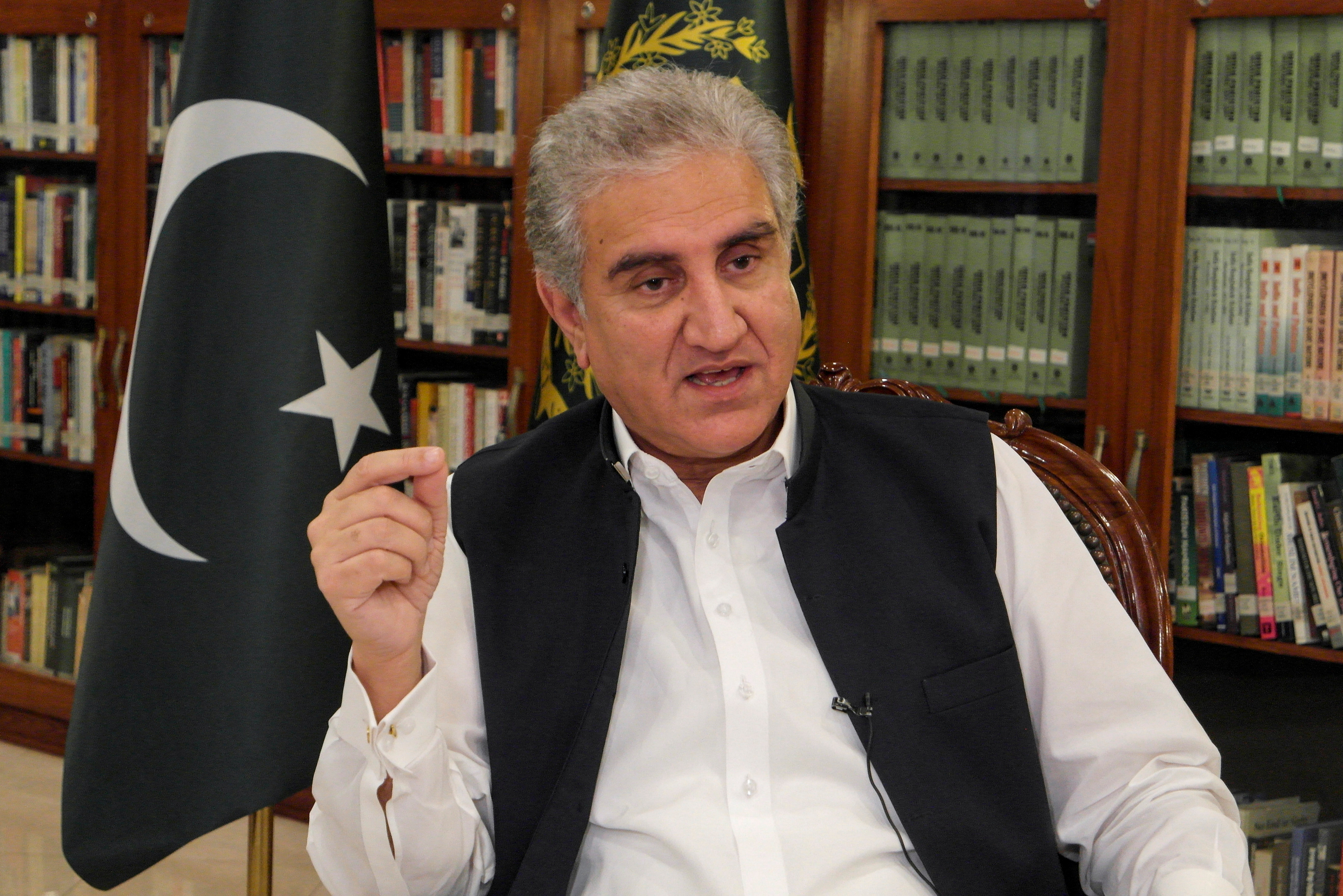 Pakistan's Foreign Minister Shah Mehmood Qureshi gestures as he speaks during an interview with Reuters at the Ministry of Foreign Affairs (MOFA) office in Islamabad, Pakistan June 25, 2020. Picture taken June 25, 2020.  Photo: Reuters