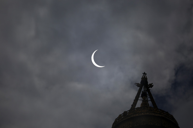 The annular eclipse as seen from Kathmandu on Sunday. The celestial event, which was annular at some places of the world allowing enthusiasts a view of the Ring of Fire, offered a partial view for most parts of Nepal.  Photo: Skanda Gautam/THT