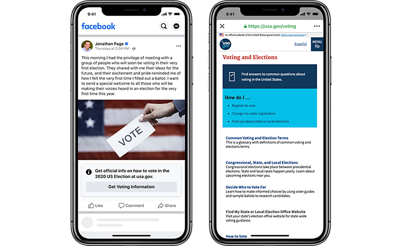 This image provided by Facebook shows an example of a post with information about voting.  Facebook has started labeling all posts about voting by federal elected officials and candidates in the U.S. On Tuesday, July 21, 2020, the labels appeared on posts by President Donald Trump and by Joe Biden, the presumptive Democratic presidential nominee, among others. Photo: AP