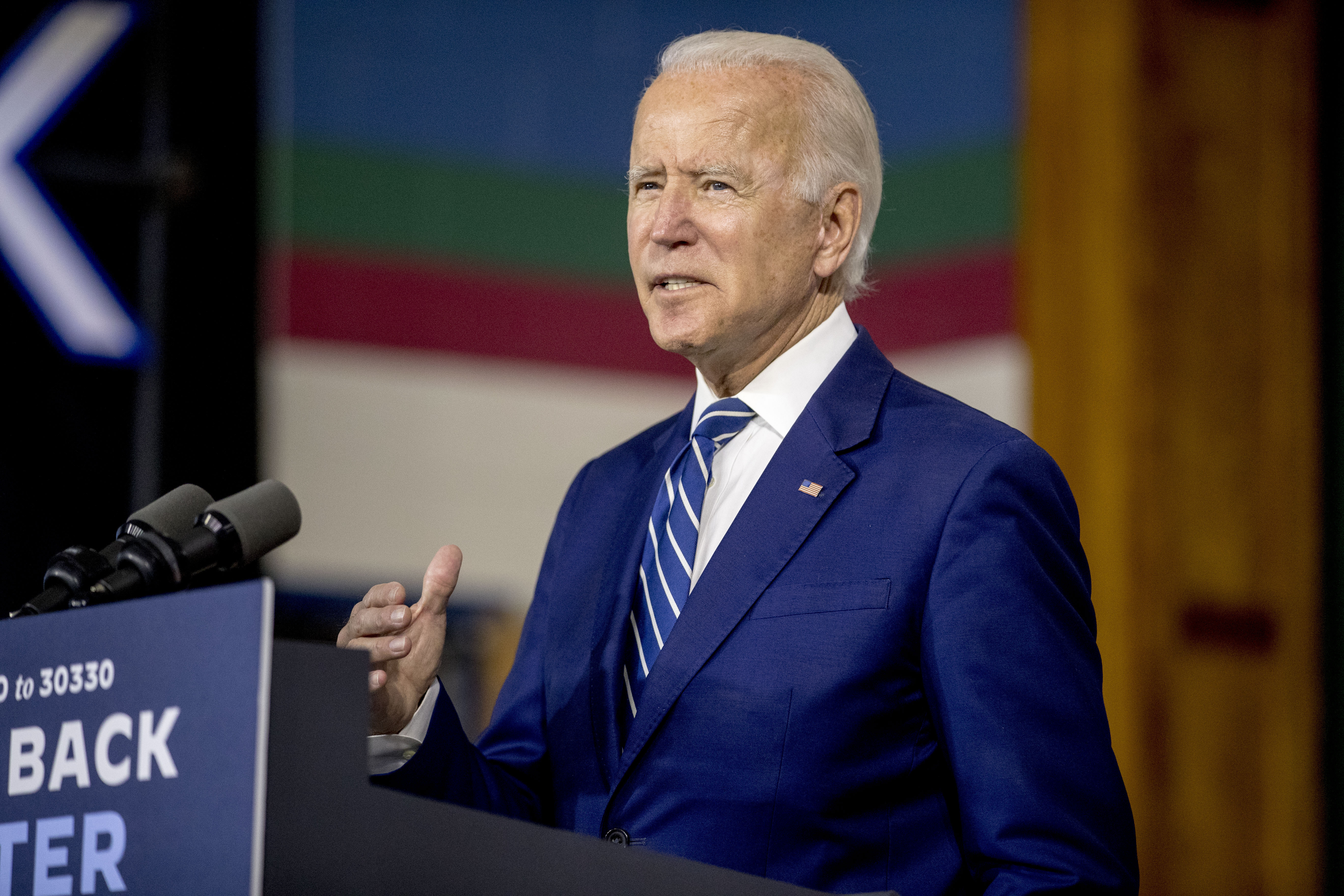 Democratic presidential candidate former Vice President Joe Biden speaks at a campaign event at the Colonial Early Education Program at the Colwyck Training Center, Tuesday, July 21, 2020 in New Castle, Del. Photo: AP