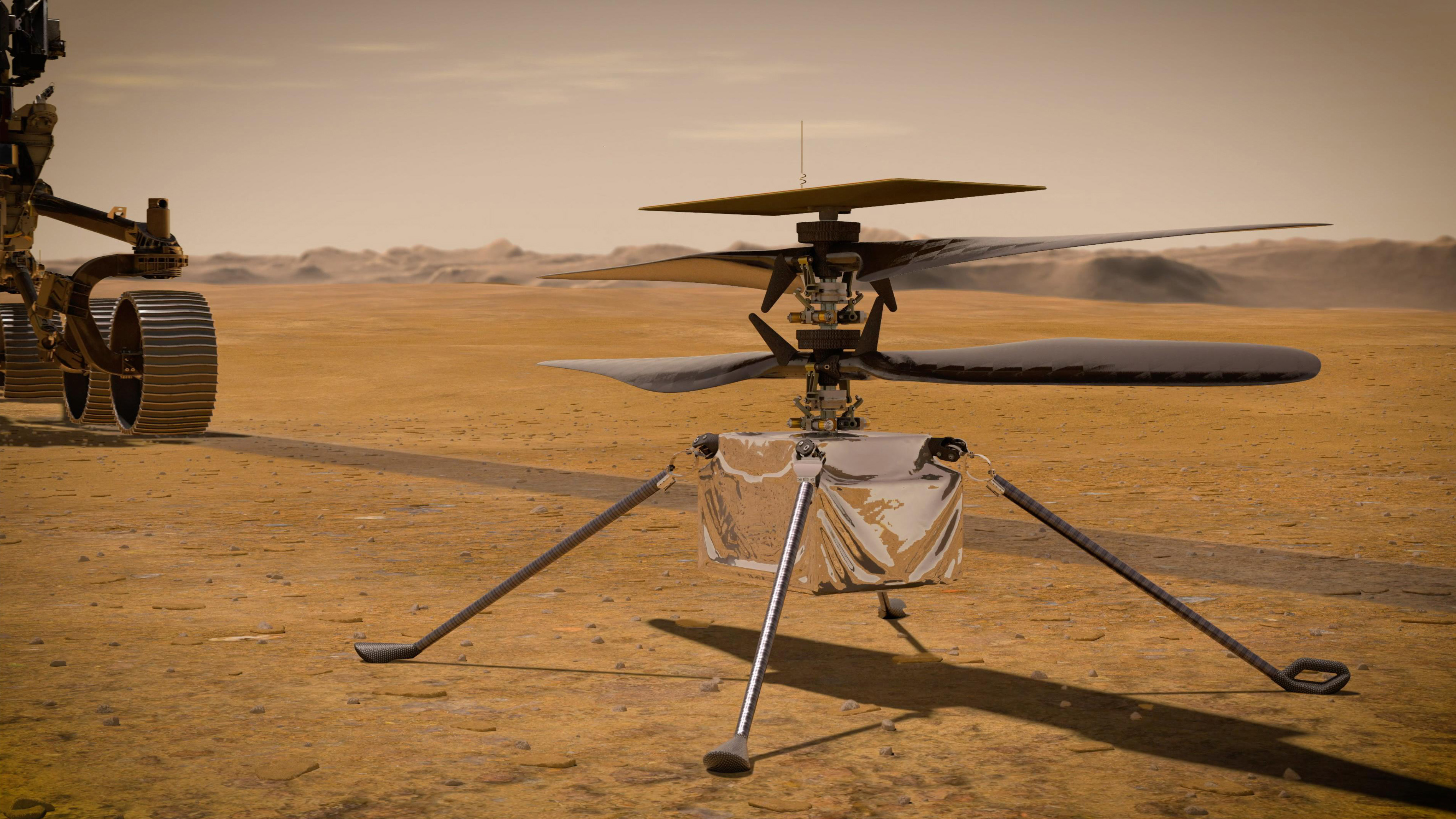 This illustration made available by NASA depicts the Ingenuity Mars Helicopter on the red planet's surface near the Perseverance rover, left. NASA is upping the ante with its newest rover headed to Mars. Set to rocket away this week from Florida, Perseverance is NASA's brawniest and brainiest Martian rover yet. Photo: AP