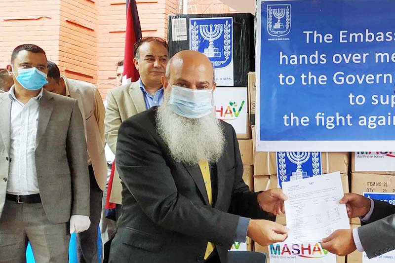 Ambassador of Israel to Nepal Benny Omer handed over medical supplies to Minister of Health and Population Bhanubhakta Dhakal, in Kathmandu, on June 16, 2020. Photo: Embassy of Israel in Nepal