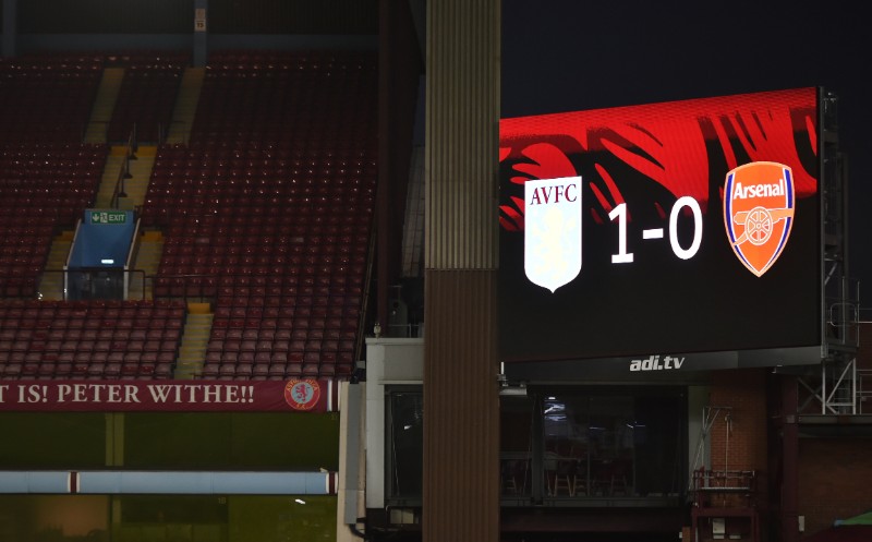 General view as the big screen displays the score after the Premier League match between Aston Villa and Arsenal, at Villa Park, in Birmingham, Britain, on July 21, 2020, as play resumes behind closed doors following the outbreak of the coronavirus disease (COVID-19). Photo: Pool via Reuters