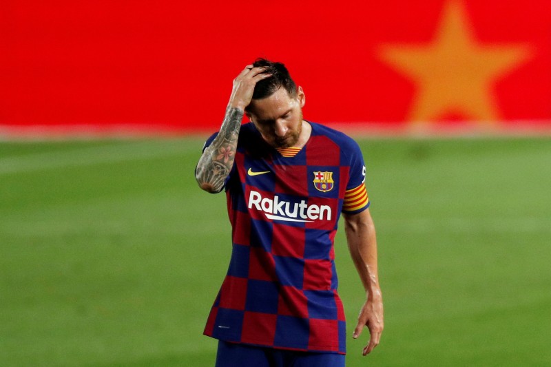 Barcelona's Lionel Messi looks dejected after the La Liga Santander match between FC Barcelona and Osasuna, at Camp Nou, in Barcelona, Spain, on  July 16, 2020, as play resumes behind closed doors following the outbreak of the coronavirus disease (COVID-19). Photo: Reuters