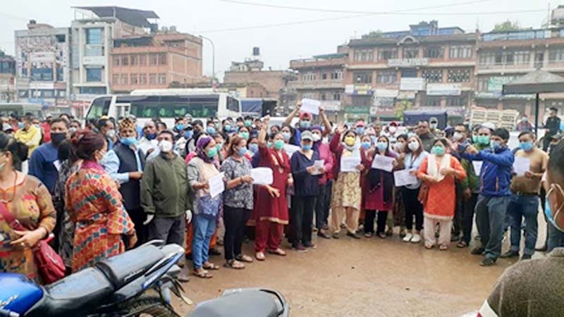 The participants of rally held in support of Prime Minister KP Sharma Oli stage demonstration in Surya Binayak Municipality, Bhaktapur, on Friday, July 3, 2020. Photo: RSS