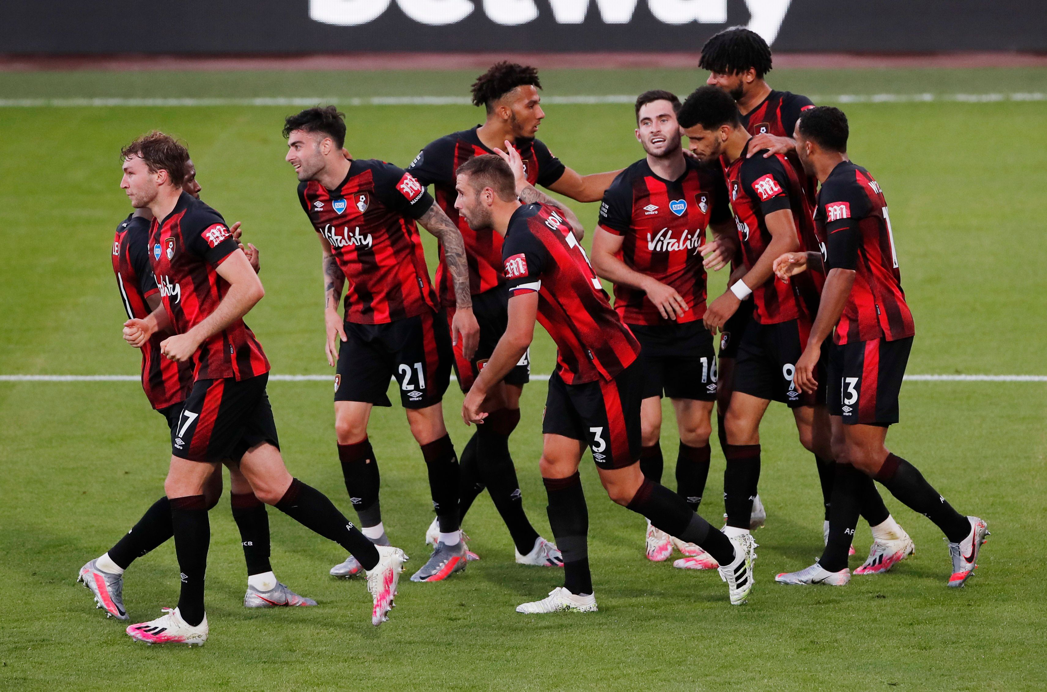 Bournemouth's Dominic Solanke celebrates scoring their fourth goal with teammates, as play resumes behind closed doors following the outbreak of the coronavirus disease (COVID-19). Photo: Reuters  
