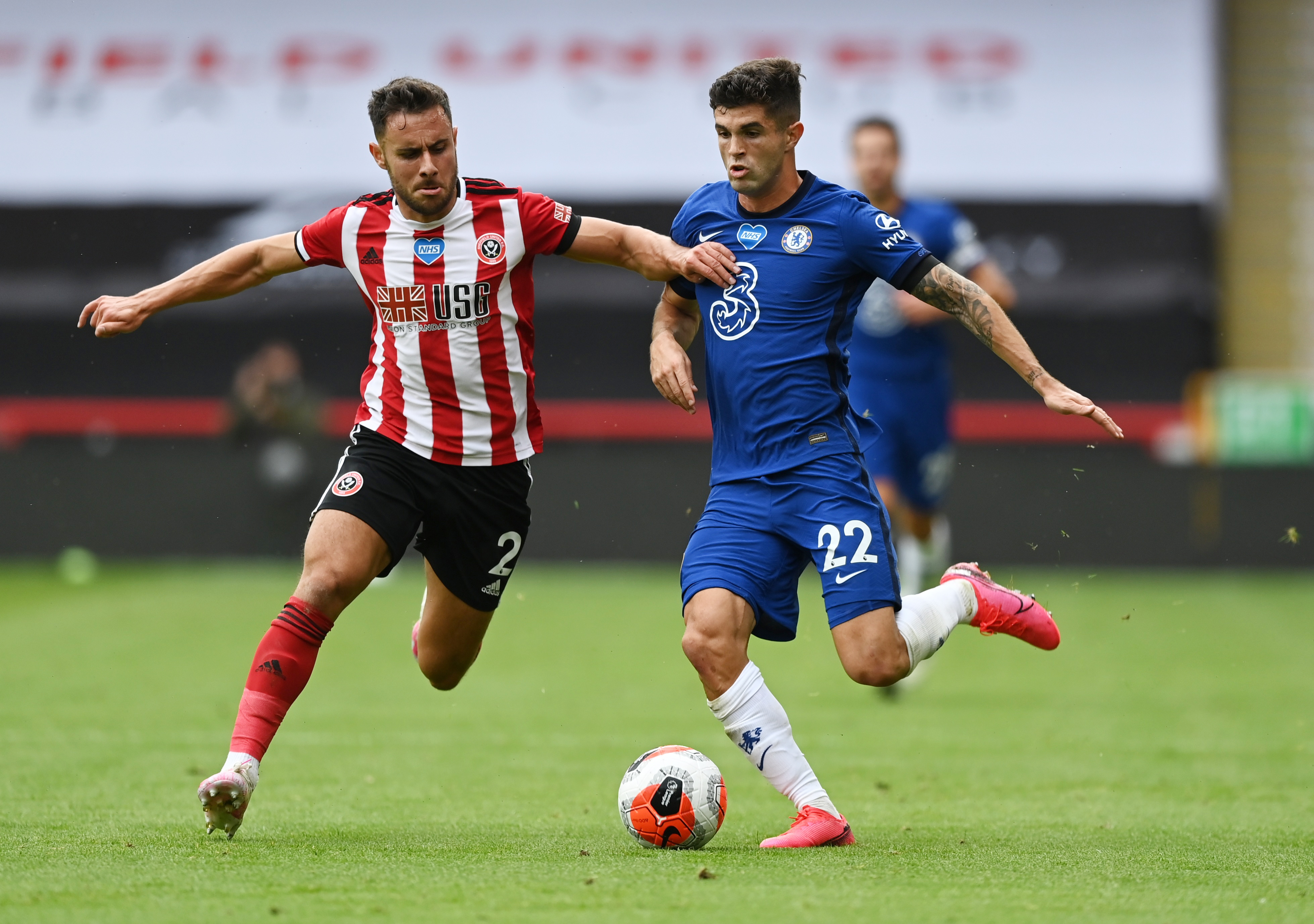 Sheffield United's George Baldock in action with Chelsea's Christian Pulisic, as play resumes behind closed doors following the outbreak of the coronavirus disease (COVID-19). Photo: Reuters