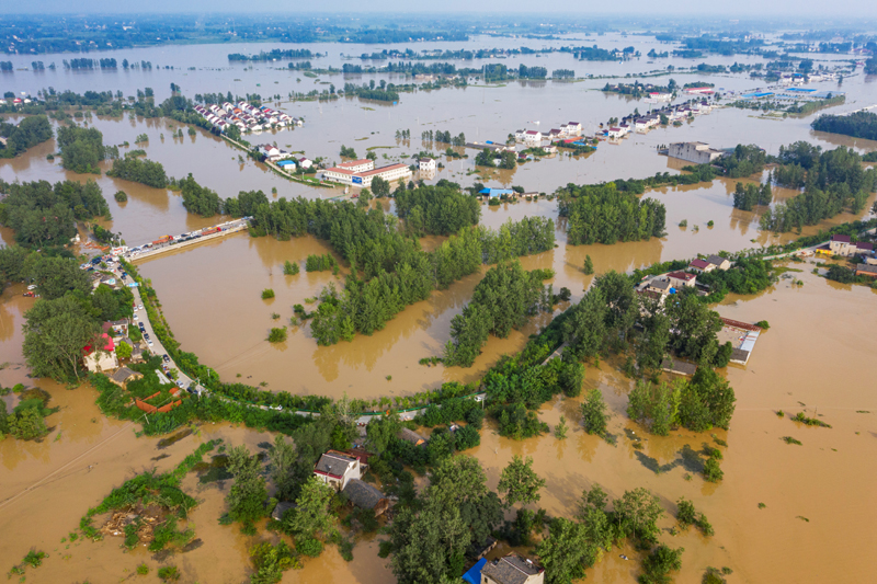 An aerial view shows the flooded Gu town following heavy rainfall in the region, in Luan, Anhui province, China July 20, 2020. Picture taken July 20, 2020. Photo: China Daily via Reuters