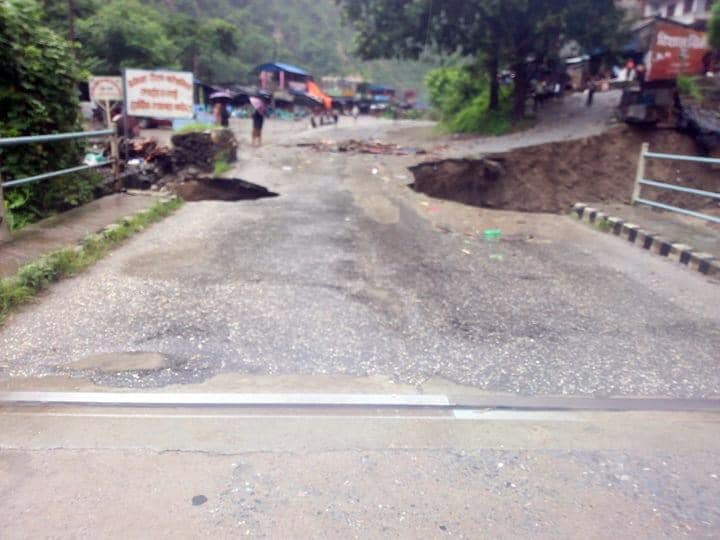 Condition of the Mauwakhola bridge post the landslide has been pictured. Photo: Keshav Adhikari/THT