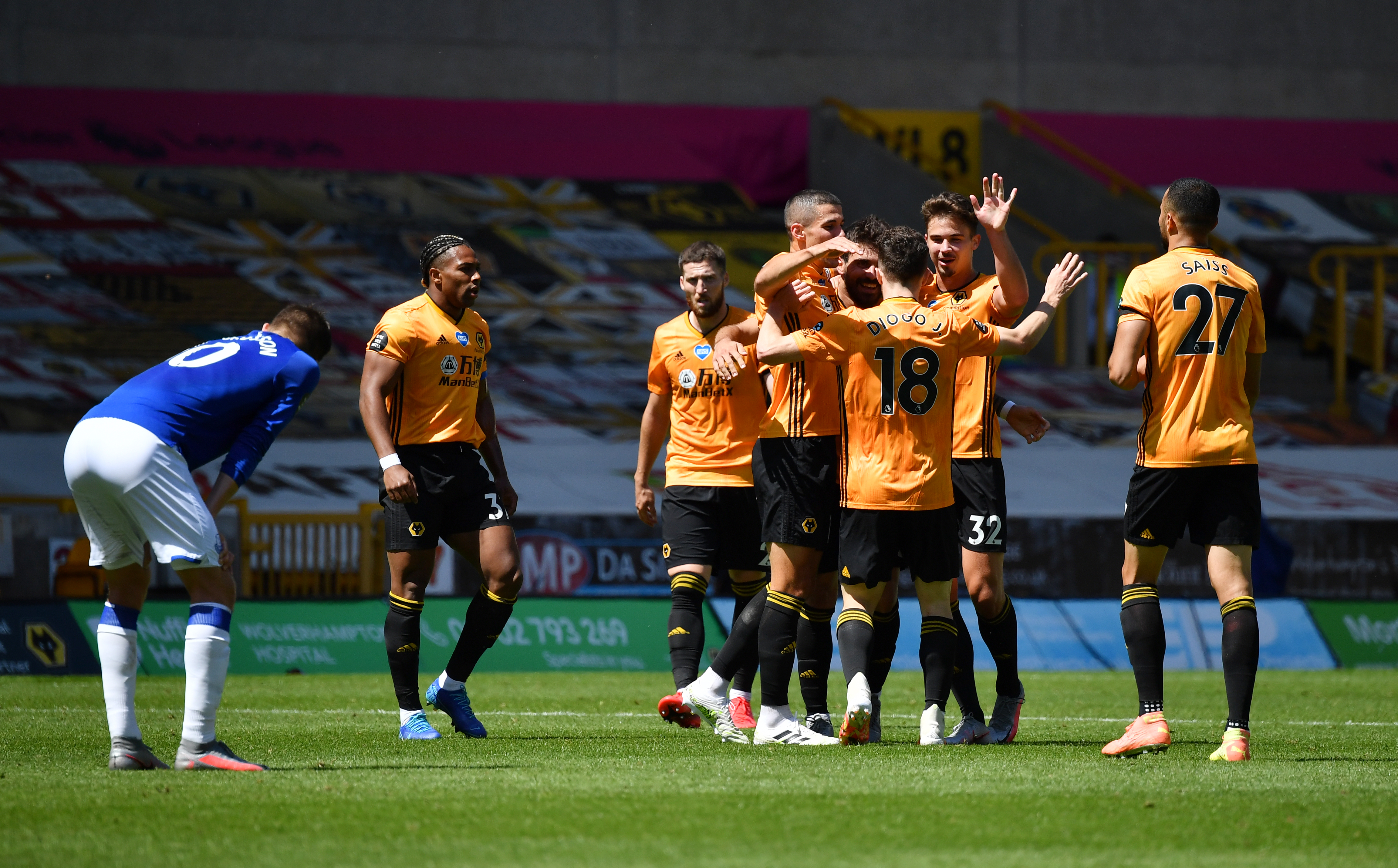 Wolverhampton Wanderers' Diogo Jota celebrates scoring their third goal with teammates, as play resumes behind closed doors following the outbreak of the coronavirus disease (COVID-19). Photo: Reuters 