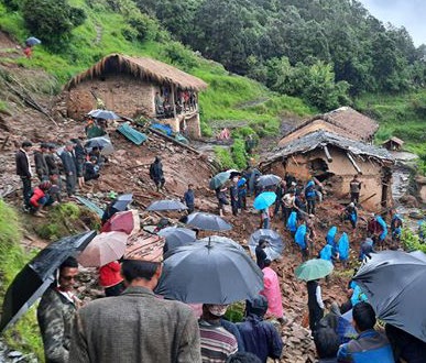 Locals and security personnel rescuing people buried in landslide debris in Sharkitole of Barekot Rural Municipality, Jajarkot, on Saturday. Many families have been displaced due to landslides. Photo: THT