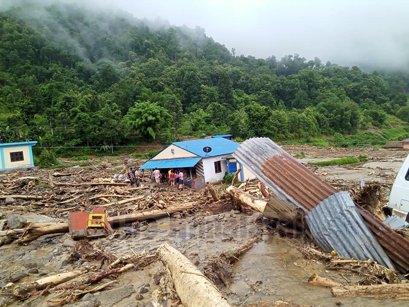 Flood and lanslide that took place on July 12, swept away houses in Madhya Nepal Municipality, Lamjung, July 16, 2020. Photo: Ramji Rana/THT