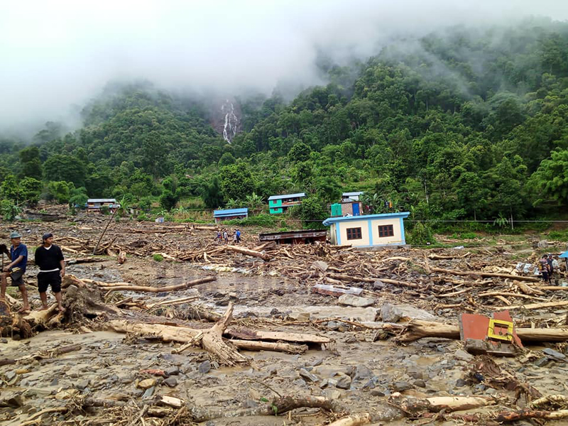 Flood and landslide that took place on July 12, swept away houses in Madhya Nepal Municipality, Lamjung, July 16, 2020. Photo: Ramji Rana/THT
