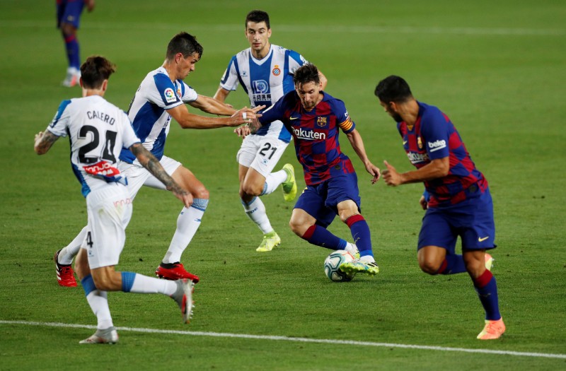 Barcelona's Lionel Messi in action, as play resumes behind closed doors following the outbreak of the coronavirus disease (COVID-19) during the La Liga match between FC Barcelona and Espanyol, at Camp Nou, in Barcelona, Spain, on  July 8, 2020. Photo: Retuers