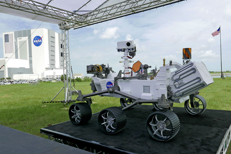 A replica of the Mars rover Perseverance is displayed outside the press site before a news conference at the Kennedy Space Center Wednesday, July 29, 2020, in Cape Canaveral, Fla. Photo: AP
