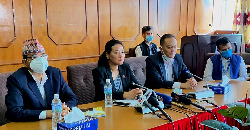 Minister for Drinking Water and Sanitation Bina Magar (centre) takes part in a press meet to inform about Melamchi Drinking Water Project, in Singha Durbar, Kathmandu, on Sunday, July 5, 2020. Water was transferred to the main tunnel of the Melamchi project on Sunday for necessary test procedures. Photo: RSS