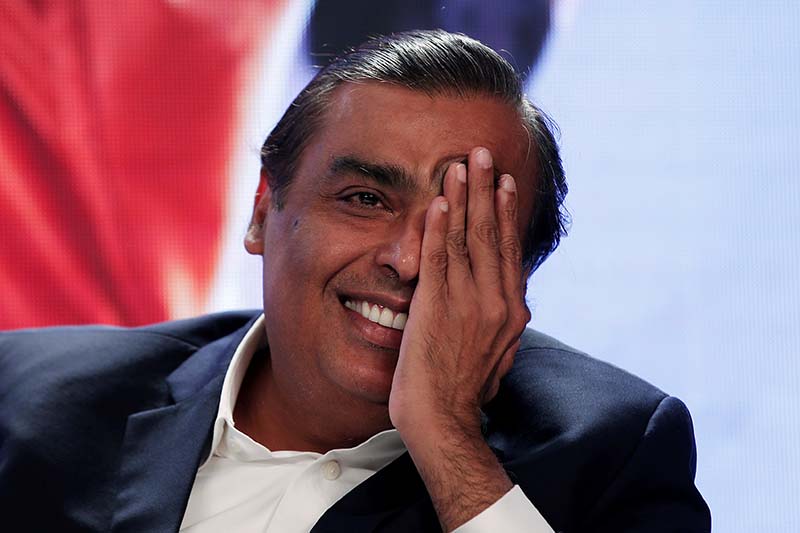 Mukesh Ambani, chairman and managing firector of Reliance Industries, gestures as he answers a question during a media interaction in New Delhi, India, on June 15, 2017. Photo: Reuters
