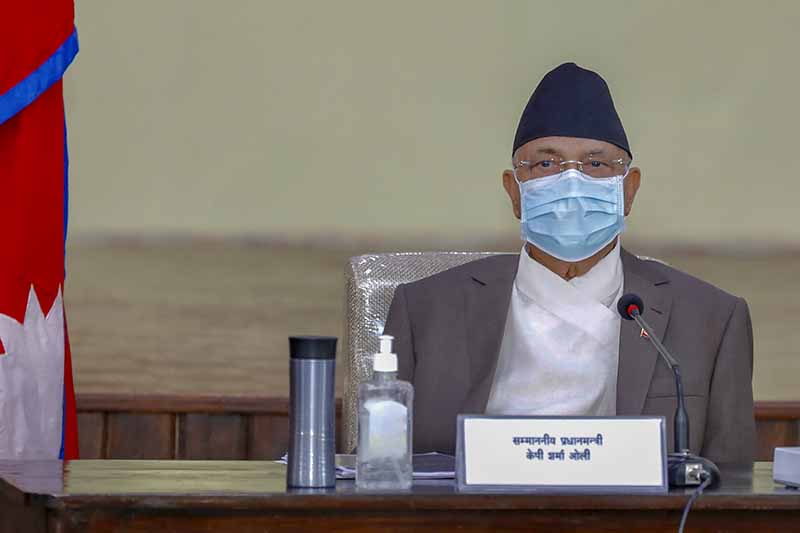 Prime Minister KP Sharma Oli holds Disaster Risk Reduction and Management National Council meeting, at his official residence in Baluwatar, Kathmandu, on Saturday, July 11, 2020. Photo: Rajan Kafle/PM's Secretariat 