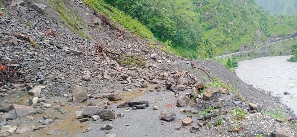 Landslide debris seen along the Martardi--Saphebagar road section in Bajura, on Sunday, July 05, 2020. Photo: Prakash Singh/THT