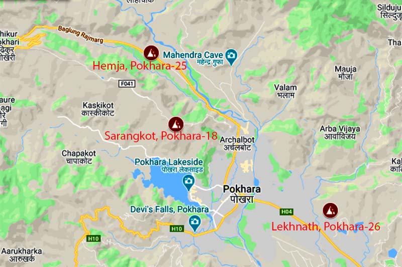 This images shows three locations where landslides occurred, in Pokhara Metropolitan City ward no. 18, 25 and 26, on Friday, July 2020. Image: Google Maps