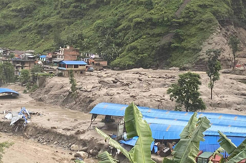A view of flooded Jambu Bazaar in Gaati area of Bahrabise Municiaplity, Sindhupalchok district, as seen on Thursday, July 9, 2020. Photo: RSS