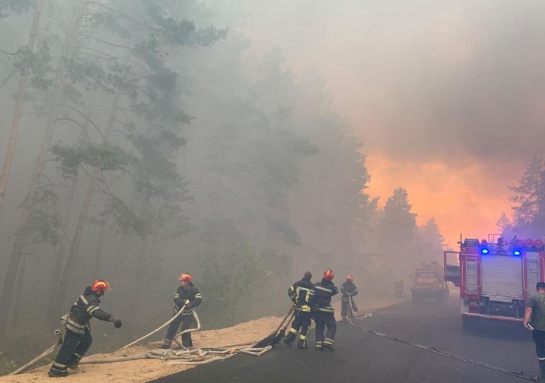 Firefighters work to put out a forest fire in Luhansk Region, Ukraine July 7, 2020. Photo: Reuters