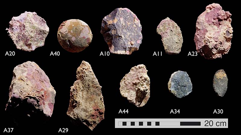 This undated handout picture shows underwater artefacts dated back thousands of years when the sea bed was dry land, found by researchers from Flinders University, University of Western Australia and James Cook University. Image: Videograb of Deep History of Sea Country Project &amp; Flinders University, Maritime Archaeology Program/Handout via Reuters