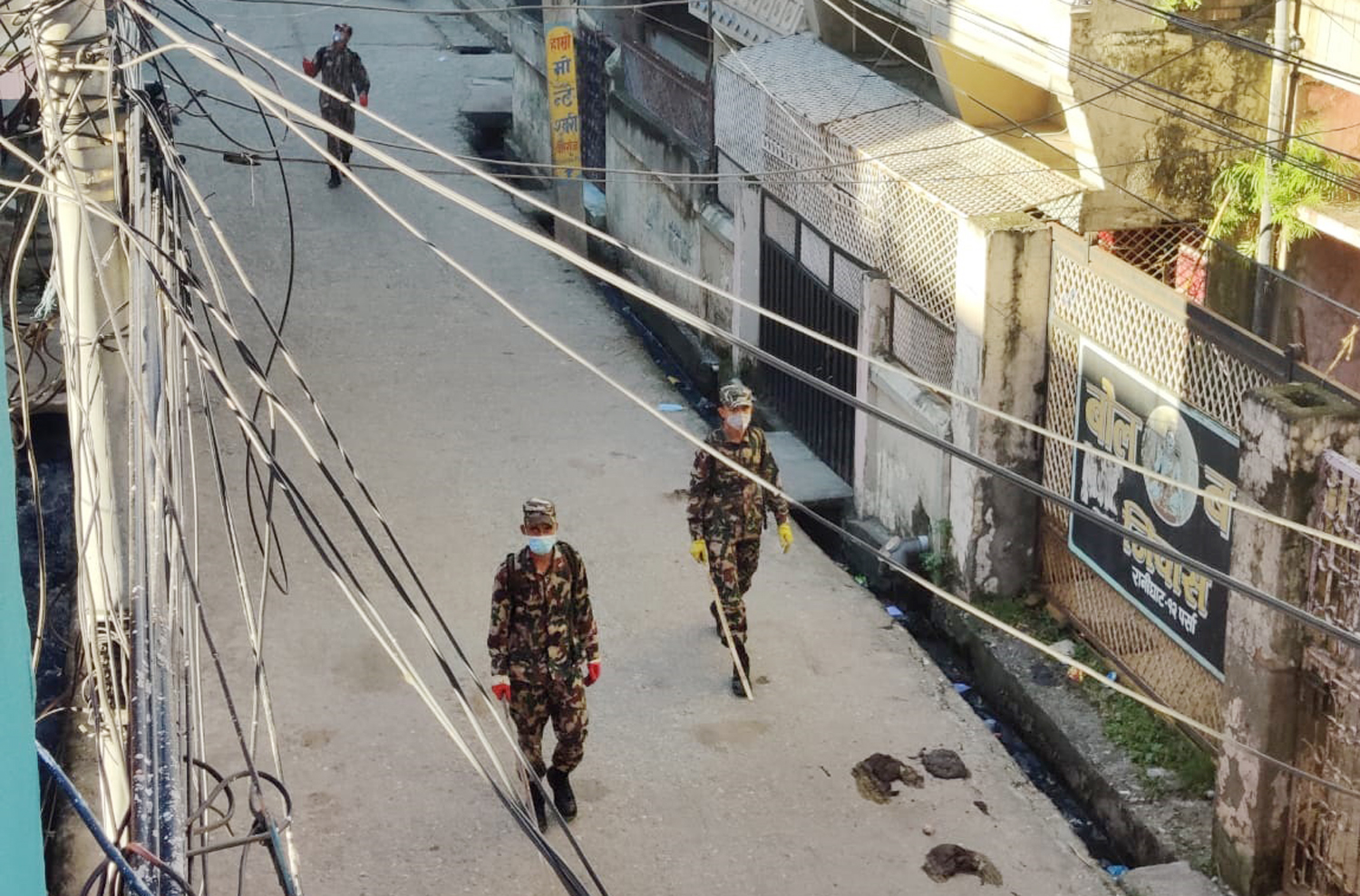 Nepal Army personnel are seen patrolling the street in Birgunj, on Sunday, August 16, 2020. Photo: Ram Sarraf/THT