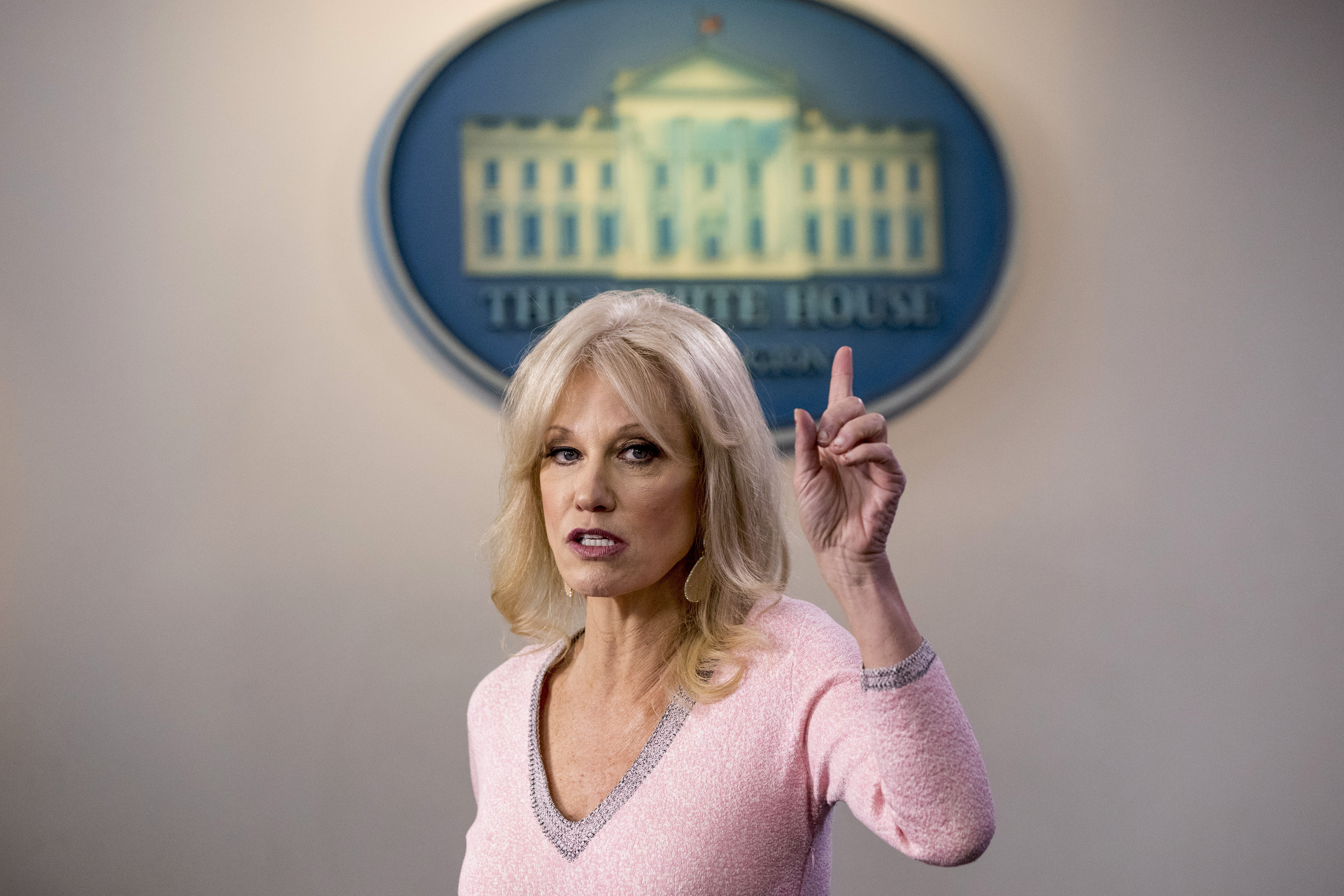 FILE - In this Dec. 5, 2019, file photo, Kellyanne Conway speaks in the Briefing Room at the White House in Washington. Conway, one of President Donald Trumpu2019s most influential and longest serving advisers, announced Sunday, Aug. 23, 2020, that she would be leaving the White House at the end of the month.nConway, who was Trumpu2019s campaign manager during the stretch run of the 2016 race, was the first woman to successfully steer a White House bid before becoming a senior counselor to the president. She informed Trump of her decision in the Oval Office. Photo: AP