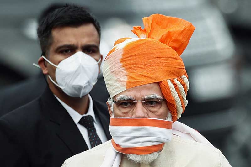 Indian Prime Minister Narendra Modi arrives to attend the Independence Day celebrations at the historic Red Fort in Delhi, India, on Friday, August 15, 2020. Photo: Reuters