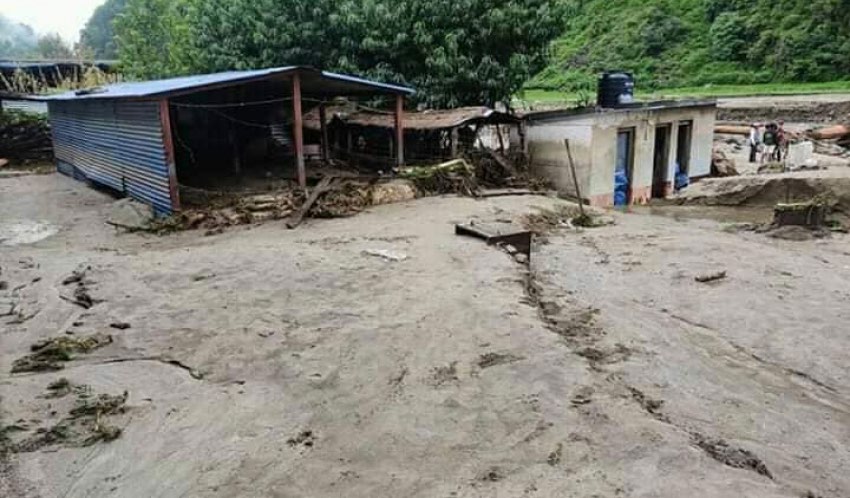 A view of destruction caused by flood in the Kailashkhola River in Sainibazaar, Achham, on Thursday. Photo: THT