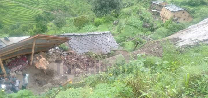 Landslide destroys house in Mahawai Rural Municipality, Kalikot. Photo: Dinesh Shrestha/THT