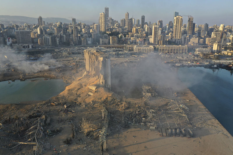 A drone picture shows the scene of an explosion at the seaport of Beirut, Lebanon, Wednesday, Aug. 5, 2020. Photo: AP