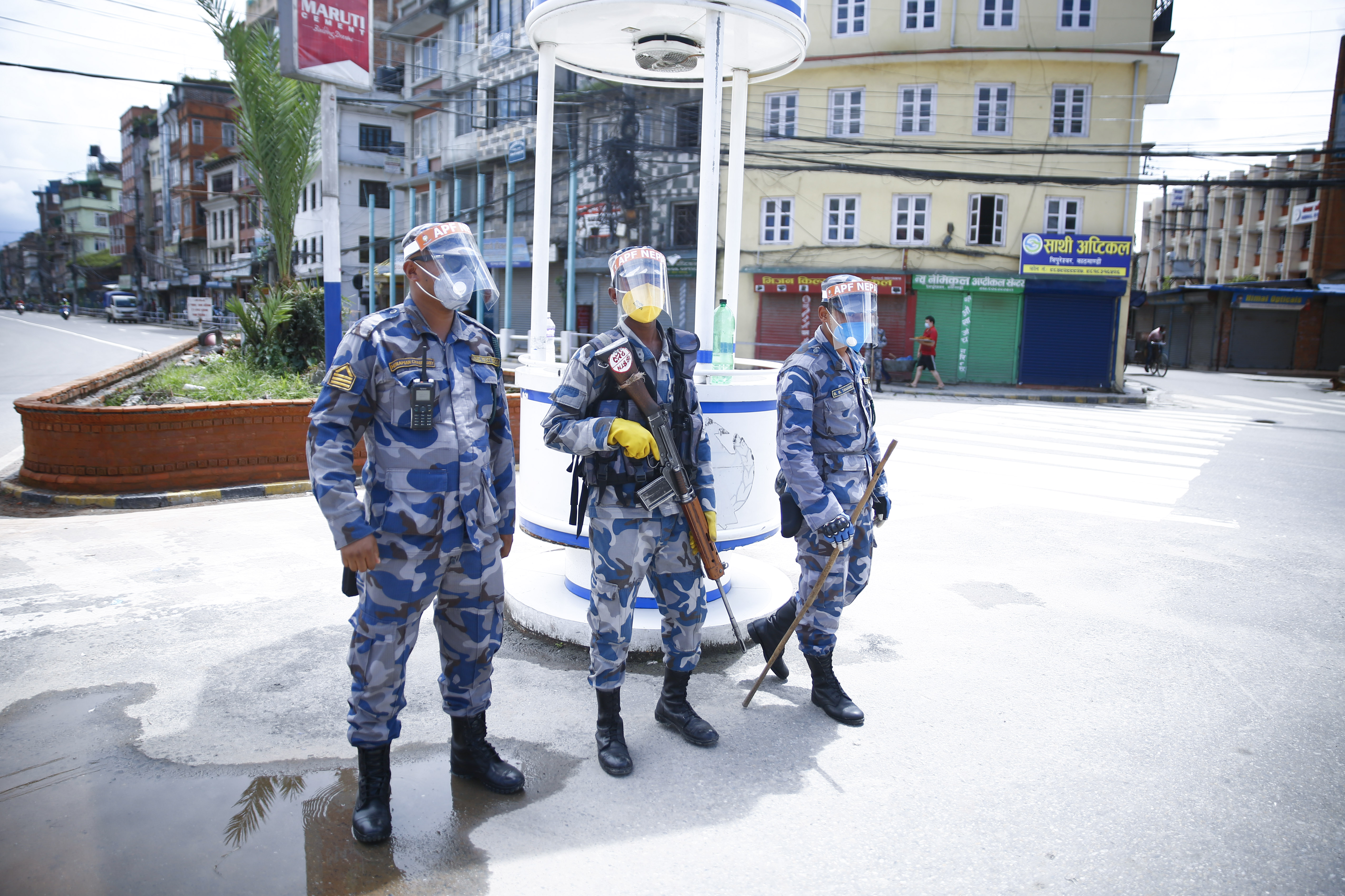 Armed Police Force personnel patrol the streets during government-imposed lockdown, amid concerns over the rapid spread of COVID-19, in Kathmandu, on Tuesday, August 25, 2020. Photo: Skanda Gautam/THT