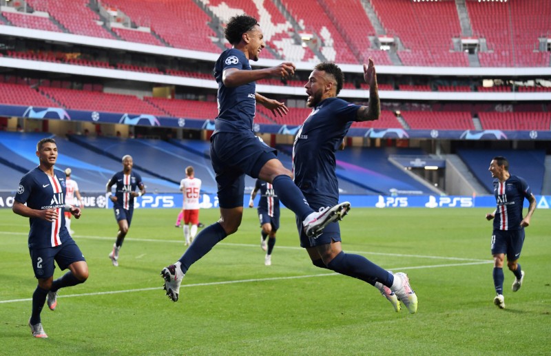  Paris St Germain's Marquinhos celebrates scoring their first goal with Neymar during the Champions League  Semi Final match between RB Leipzig and Paris St Germain, at Estadio da Luz, in Lisbon, Portugal, on August 18, 2020, as play resumes behind closed doors following the outbreak of the coronavirus disease (COVID-19.) Photo: David Ramos/Pool via Reuters
