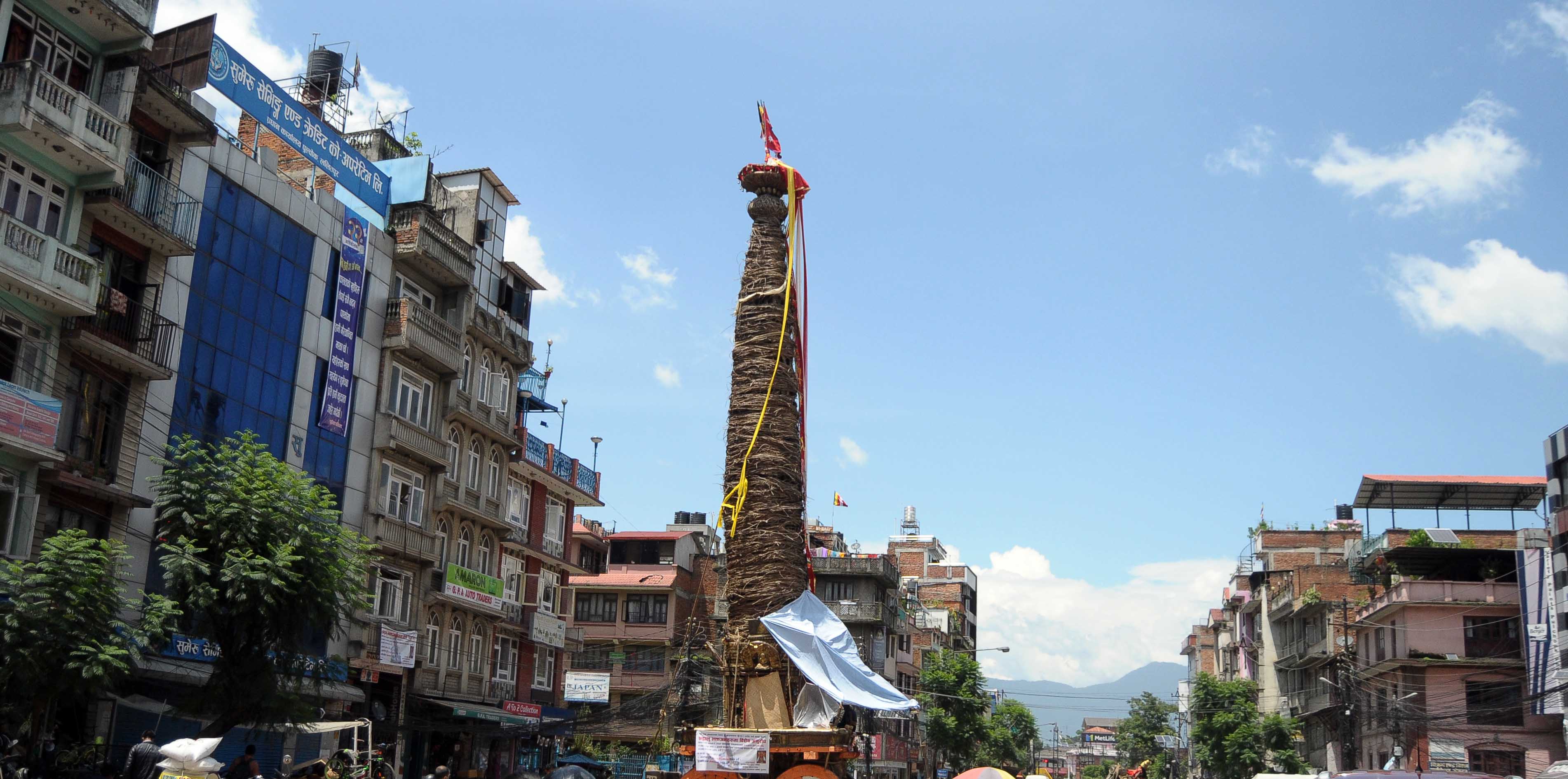 The chariot of Rato Machhindranath is pictured in Pulchowk, Lalitpur, on Saturday, August 8, 2020. Photo: Balkrishna Thapa/THT