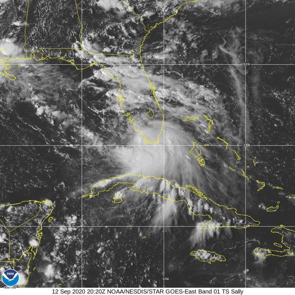 This Saturday, Sept. 12, 2020 image provided by NOAA shows the formation of Tropical Storm Sally. Tropical Storm Sally has formed off south Florida, becoming the earliest 18th-named tropical storm on record in a busy Atlantic hurricane season. Photo: AP