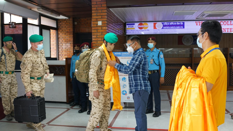 Mingma Sherpa, Chairman at Seven Summit Treks, welcoming the team of Royal Guard of Bahrain attempting on Lobuche Peak 6119m and Mt. Manaslu 8163m, at Tribhuwan International Airport, on Wednesday, September 16, 2020.