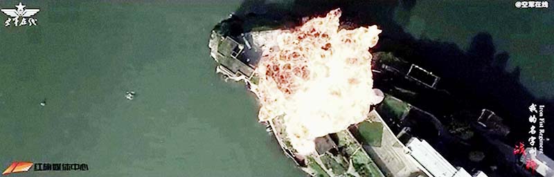 A still image taken from a video released by the People's Liberation Army Air Force Weibo account on September 19, 2020 shows a simulated attack. Image: PLA-Airforce Online via Reuters