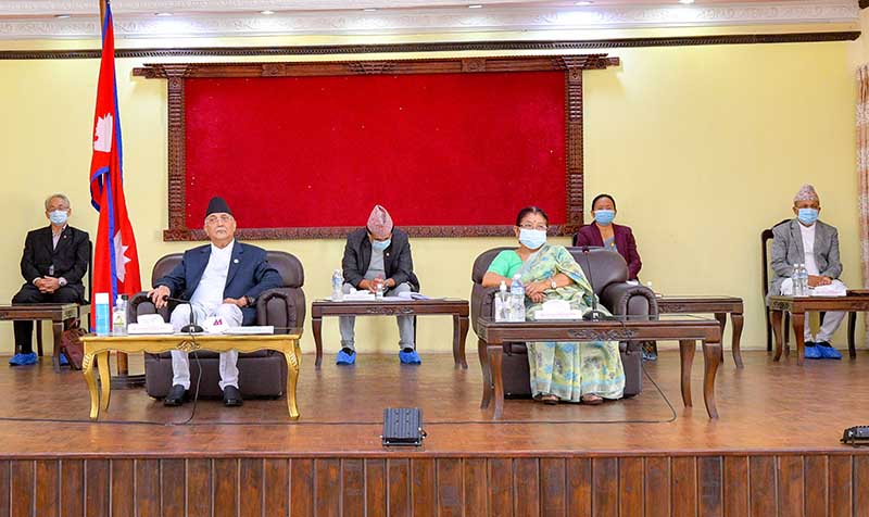 Prime Minister KP Sharma Oli holds consultation meeting with ministers and secretaries to discuss the issues of acid attack victims, at his official residence in Baluwatar, Kathmandu, on Thursday, September 10, 2020. Photo: PM's secretariat/Rajan Kafle