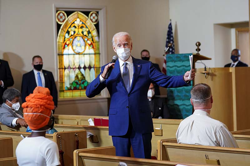 Democratic US presidential nominee and former Vice President Joe Biden speaks to residents during a community meeting at Grace Lutheran Church after a week of unrest in the aftermath of the shooting of Jacob Blake, a Black man, by a white police officer in Kenosha, Wisconsin, US, on September 3, 2020. Photo: Reuters