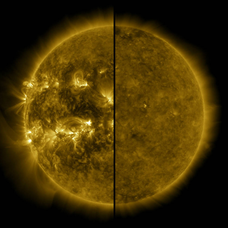 This split image shows the difference between an active Sun during solar maximum (on the left, captured in April 2014) and a quiet Sun during solar minimum (on the right, captured in December 2019). Photo Credits: NASA/SDO (Solar Dynamic Observatory)