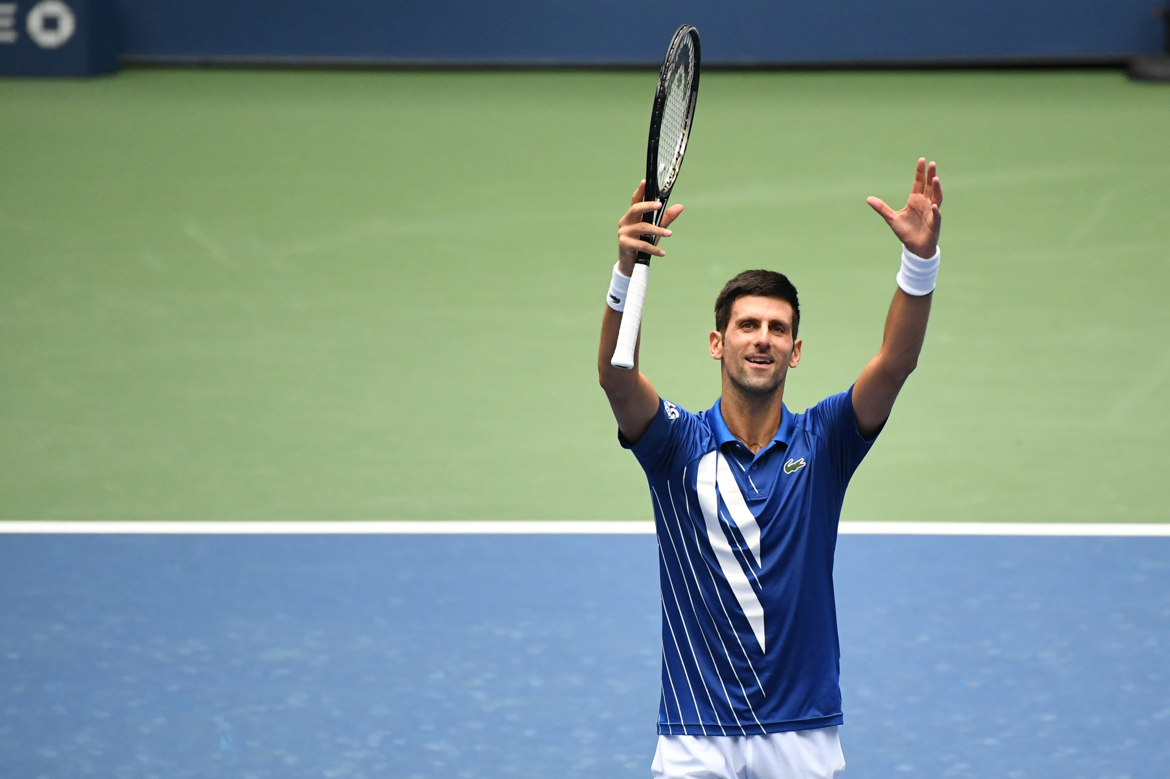 Sep 2, 2020; Flushing Meadows, New York, USA; Novak Djokovic of Serbia celebrates after his match against Kyle Edmund of the United Kingdom (not pictured) on day three of the 2020 U.S. Open tennis tournament at USTA Billie Jean King National Tennis Center. Mandatory Credit: Danielle Parhizkaran-USA TODAY Sports