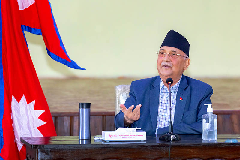 Prime Minister KP Sharma Oli organises a consultation meeting at his official residence in Baluwatar, Kathmandu, on Tuesday, September 8, 2020. The meeting seeks a solution to the psychological effect of COVID-19 pandemic on society. Photo: Rajan Kafle/PMu2019s Secretariat