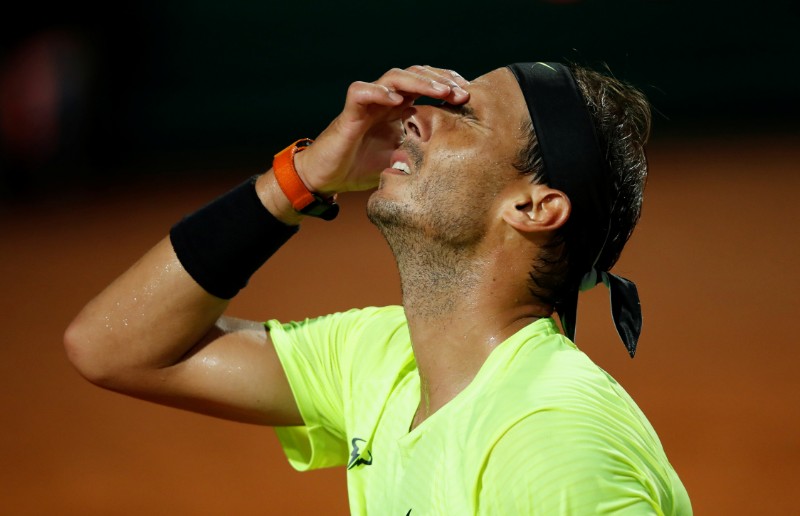 Spain's Rafael Nadal reacts during his quarter final match against Argentina's Diego Schwartzman during their ATP Masters 1000, Italian Open match, at Foro Italico, in Rome, Italy, on September 19, 2020 Pool via Reuters